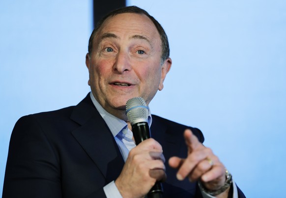 FILE - In this Jan. 9, 2019, file photo, NHL Commissioner Gary Bettman speaks during a news conference in Seattle. The NHL has informed the NHL Players&#039; Association that it will not use its optio ...