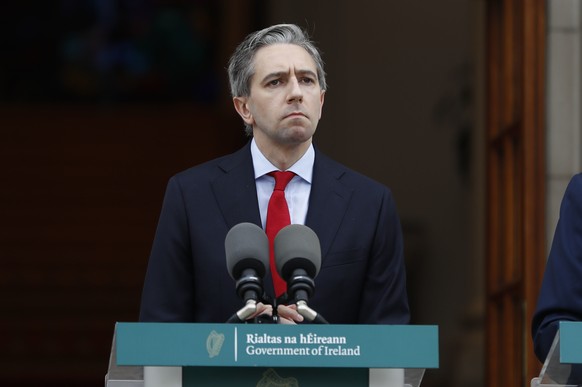 Ireland&#039;s Prime Minister Simon Harris speaks to the media during a press conference outside the Government Buildings, in Dublin, Ireland, Wednesday May 22, 2024. Ireland and Spain have recognized ...