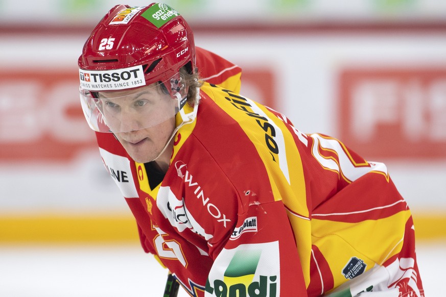 Biels Toni Rajala, waehrend dem Meisterschaftsspiel der National League zwischen dem EHC Biel und den ZSC Lions, am Freitag, 26. Februar 2021, in der Tissot Arena in Biel. (KEYSTONE /Marcel Bieri)