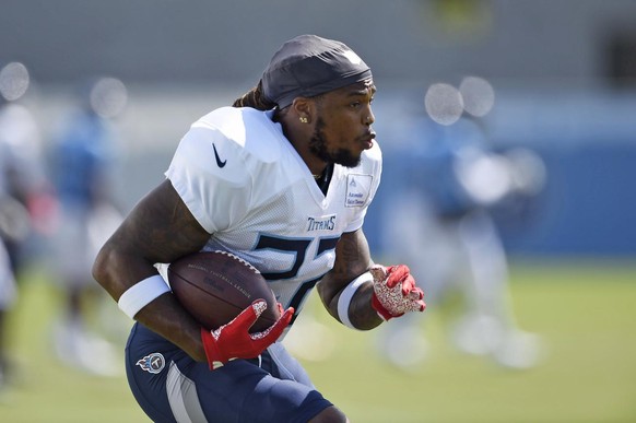 Tennessee Titans running back Derrick Henry runs a drill during NFL football training camp Tuesday, Aug. 25, 2020, in Nashville, Tenn. (George Walker IV/The Tennessean via AP, Pool)