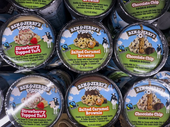 epa11229887 Pints of Ben Jerry's ice cream for sale in Washington, DC, USA, 19 March 2024. British consumer goods company Unilever announced it plans to spin off Ben &amp; Jerry's, along wit ...