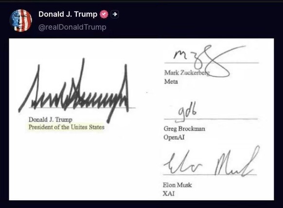Peinlicher Schreibfehler in US-Übereinkunft zu KI: Trump wird als «President of Unites States» aufgeführt.