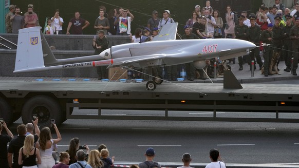 A Turkish-made Bayraktar TB2 drone is seen during a rehearsal of a military parade dedicated to Independence Day in Kyiv, Ukraine, Friday, Aug. 20, 2021. Ukraine will mark the 30th anniversary of its  ...