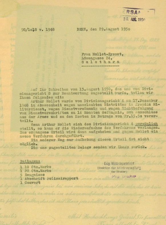 Brief zu einem Gerichtsurteil gegen einen Fremdenlegionär, 1950.
https://www.recherche.bar.admin.ch/recherche/#/de/archiv/einheit/30420285