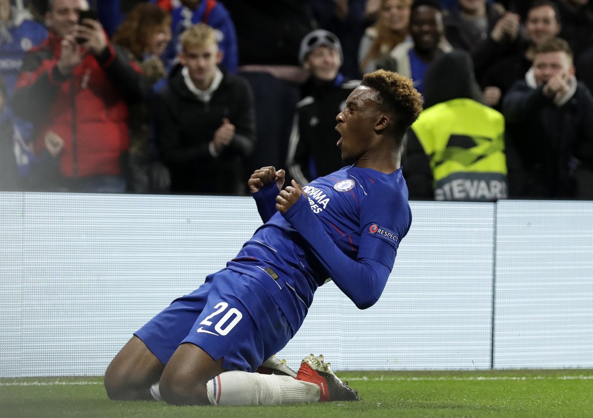 Chelsea's Callum Hudson-Odoi celebrates after scoring his team's third goal during the Europa League Group L soccer match between Chelsea and PAOK at Stamford Bridge stadium, in London, Thur ...