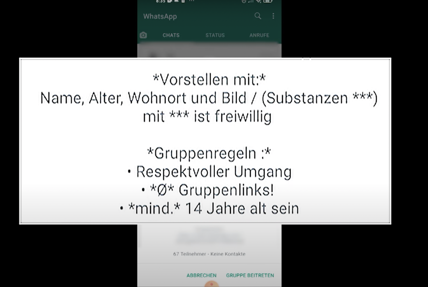 Eintrittsanforderung einer Whatsappgruppe, über die Drogenhandel abgewickelt wird.