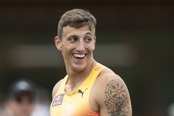 Simon Ehammer of Switzerland reacts after setting a new meeting record in the Long jump Men during the 44th edition of Resispint International, this Sunday, July 14, 2024, at the Stade de la Charriere ...