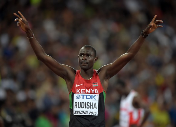 Aug 23, 2015; Beijing, China; David Rudisha (KEN) reacts after winning 800m semifinal in 1:47.70 during the IAAF World Championships in Athletics at National Stadium. Mandatory Credit: Kirby Lee-USA T ...