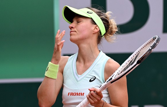 epa11379055 Viktorija Golubic of Switzerland reacts during her Women&#039;s Singles 2nd round match against Anastasia Potapova during the French Open Grand Slam tennis tournament at Roland Garros in P ...