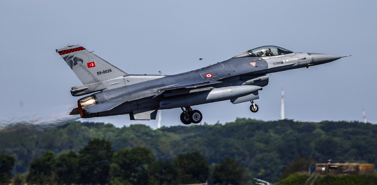 epa10682023 A Turkish Air Force F16 takes off from the base of the 51 Tactical Air Wing Immelmann, during the NATO Air Defender 2023 exercise in Jagel, Germany, 09 June 2023. The 'Air Defender 20 ...