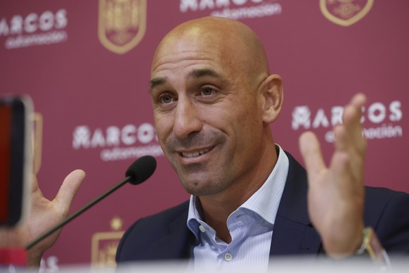 epa10853513 (FILE) - Spanish RFEF President Luis Rubiales speaks during a presser in Madrid, Spain, 22 September 2022 (Reissued 10 September 2023). Luis Rubiales has resigned on 10 September 2023, as  ...