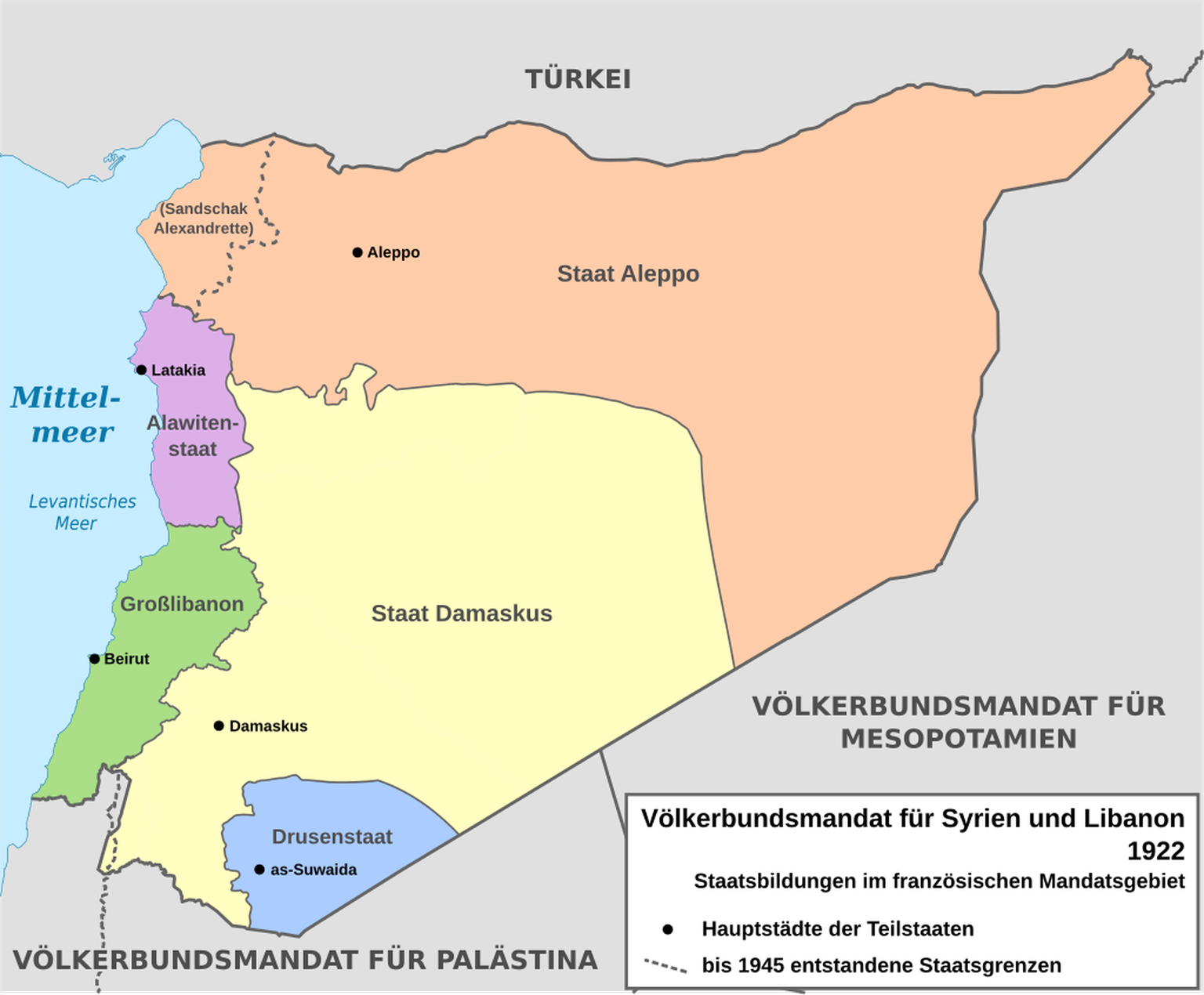 Völkerbundsmandat für Syrien und den Libanon, Drusenstaat in Blau.
https://commons.wikimedia.org/w/index.php?curid=24058134