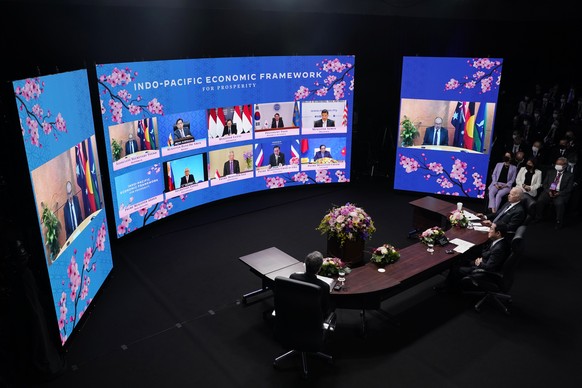 U.S. President Joe Biden and Japanese Prime Minister Fumio Kishida participate in the Indo-Pacific Economic Framework for Prosperity launch event at the Izumi Garden Gallery, Monday, May 23, 2022, in  ...