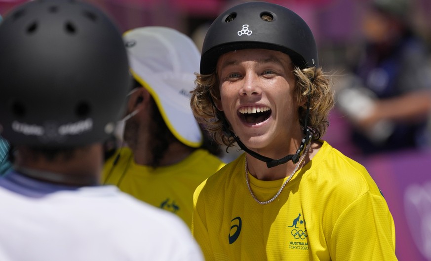 Keegan Palmer of Australia reacts after his run in the men&#039;s park skateboarding finals at the 2020 Summer Olympics, Thursday, Aug. 5, 2021, in Tokyo, Japan. (AP Photo/Ben Curtis)