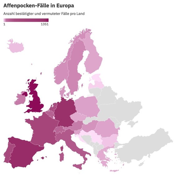 Affenpocken-Fälle ausserhalb Europas: USA (604), Kanada (358), Brasilien (116), Israel (52), Ghana (18), Australien (17), VAE (13), Mexiko (11) sowie diverse weitere Länder mit zehn Fällen und weniger ...