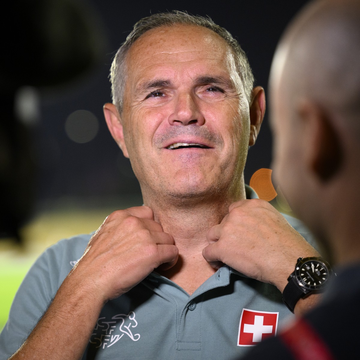 Switzerland's national soccer teams director Pierluigi Tami answers questions from journalists after a open training session of Swiss national team in preparation for the FIFA World Cup Qatar 202 ...
