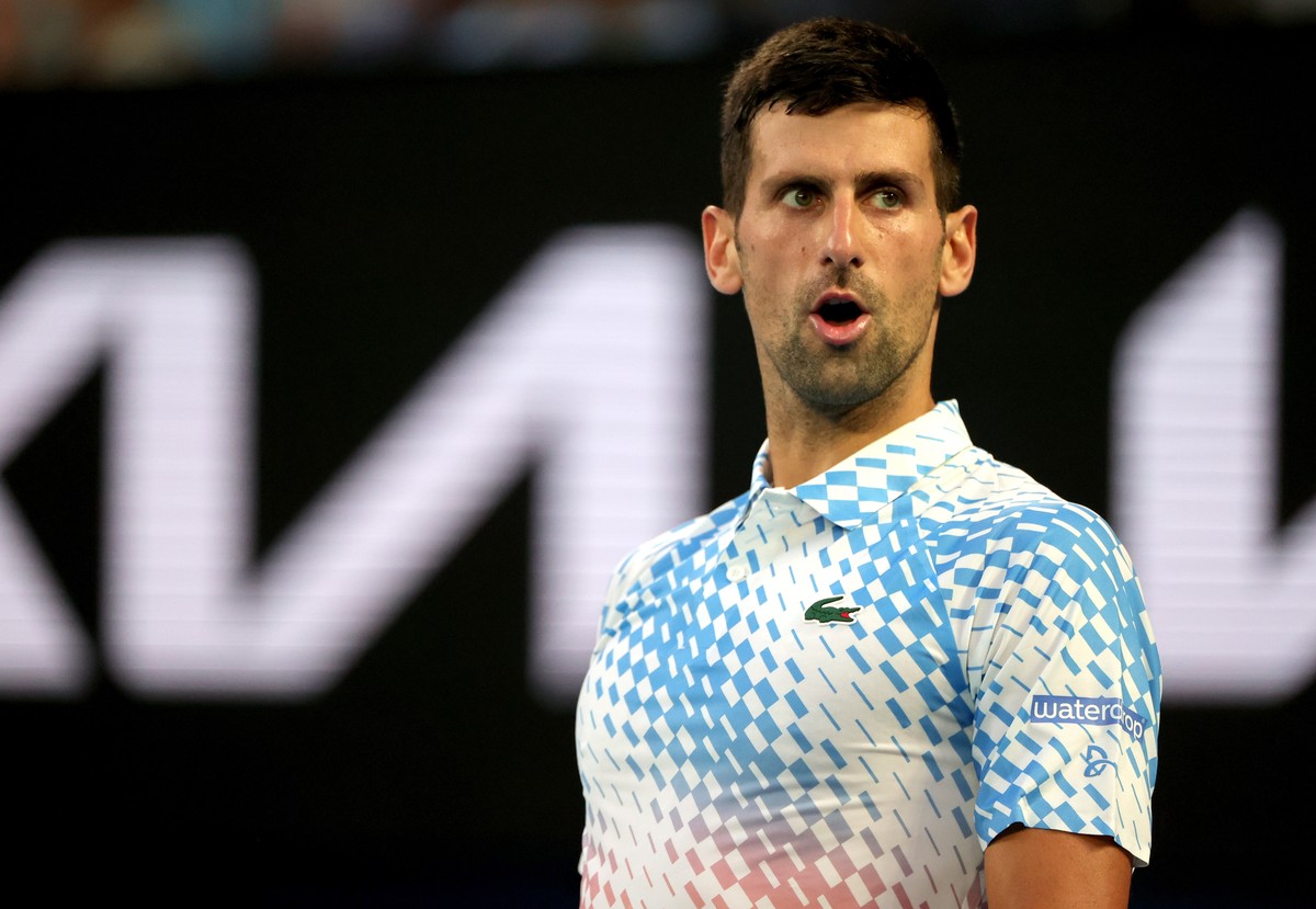 epa10424445 Novak Djokovic of Serbia looks on during his 4th round match against Alex de Minaur of Australia at the 2023 Australian Open tennis tournament at Melbourne Park in Melbourne, Australia, 23 ...