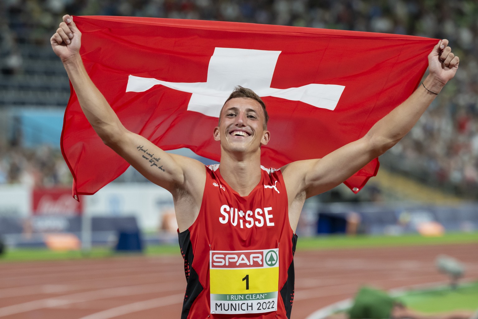 Switzerland's Simon Ehammer, silver medallist of the Men's Decathlon of the 2022 European Championships Munich, at the Olympiastadion in Munich, Germany, on Tuesday, August 16, 2022. (KEYSTONE/Georgio ...