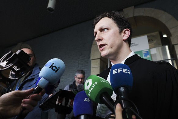 epa11921967 Maxime Tessier, one of Joel Le Scouarnec&#039;s lawyers, speaks to the press at the end of the first day of the trial of Joel Le Scouarnec in Vannes, France, 24 February 2025. Surgeon Joel ...
