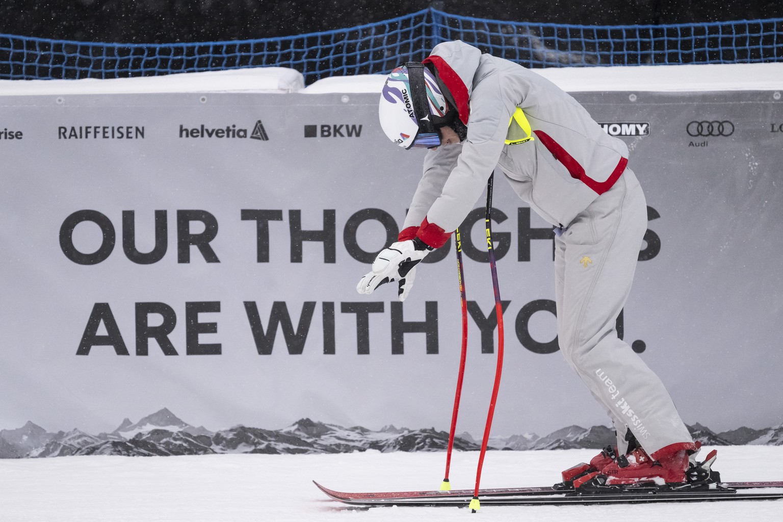 epa12692021 Malorie Blanc of Switzerland concentrates after inspecting the course in the finish area ahead of the women's downhill race at the Alpine Skiing FIS Ski World Cup, in Crans-Montana, S ...