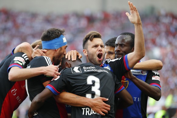 Basel&#039;s Matias Delgado of Argentina, Adama Traore of Ivory Coast, Renato Steffen, center, and Seydou Doumbia of Ivory Coast, from left, celebrate after Traore&#039;s goal to 2:0 during the Swiss  ...