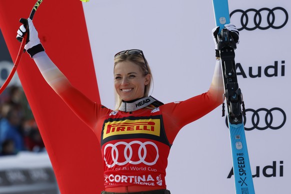 Switzerland&#039;s Lara Gut Behrami celebrates on the podiumafter taking second place in an alpine ski, women&#039;s World Cup Super-G, in Cortina d&#039;Ampezzo, Italy, Sunday, Jan. 19, 2025 (AP Phot ...