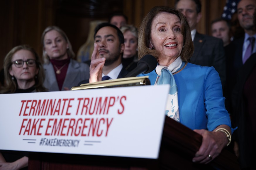 epa07397710 Speaker of the House Nancy Pelosi delivers remarks during a press conference to announce a resolution that terminates President Trump&#039;s declaration of a National Emergency on the Sout ...