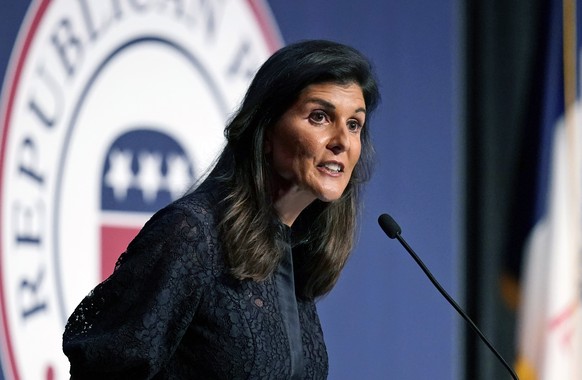 FILE - Former U.N. Ambassador and former South Carolina Gov. Nikki Haley speaks during the Iowa Republican Party&#039;s Lincoln Dinner, on June 24, 2021, in West Des Moines, Iowa. Haley is moving clos ...