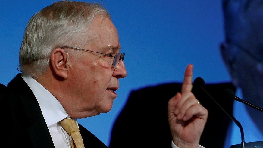 Former Swiss Minister and National Councillor Christoph Blocher of the Swiss People&#039;s Party (SVP) gestures as he makes a speech during the traditional &#039;Albisguetli-Tagung&#039; party meeting ...