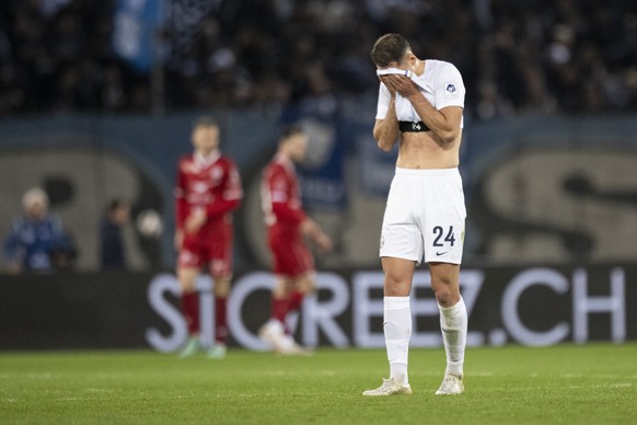 Nikola Katic (FCZ) blickt enttaeuscht nach dem Fussball Meisterschaftsspiel der Super League zwischen dem FC Zuerich und dem FC Winterthur im Letzigrund, am Mittwoch, 3. April 2024 in Zuerich. (KEYSTO ...