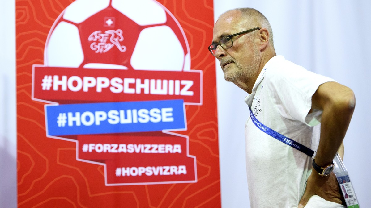Peter Gillieron, President of the Swiss Football Association, SFV, arrives for a press conference of the Switzerland's national soccer team at the Torpedo Stadium, in Togliatti, Russia, Wednesday ...
