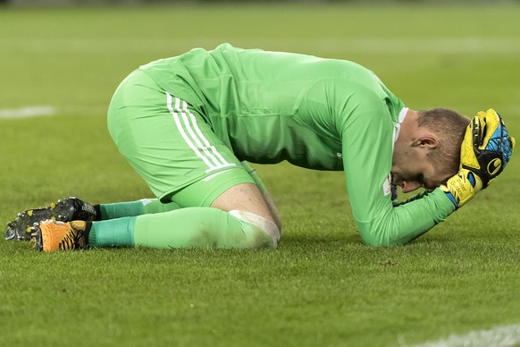 Hungary&#039;s goalkeeper Peter Gulacsi reacts during the 2018 Fifa World Cup Russia group B qualification soccer match between Switzerland and Hungary in the St. Jakob-Park stadium in Basel, Switzerl ...