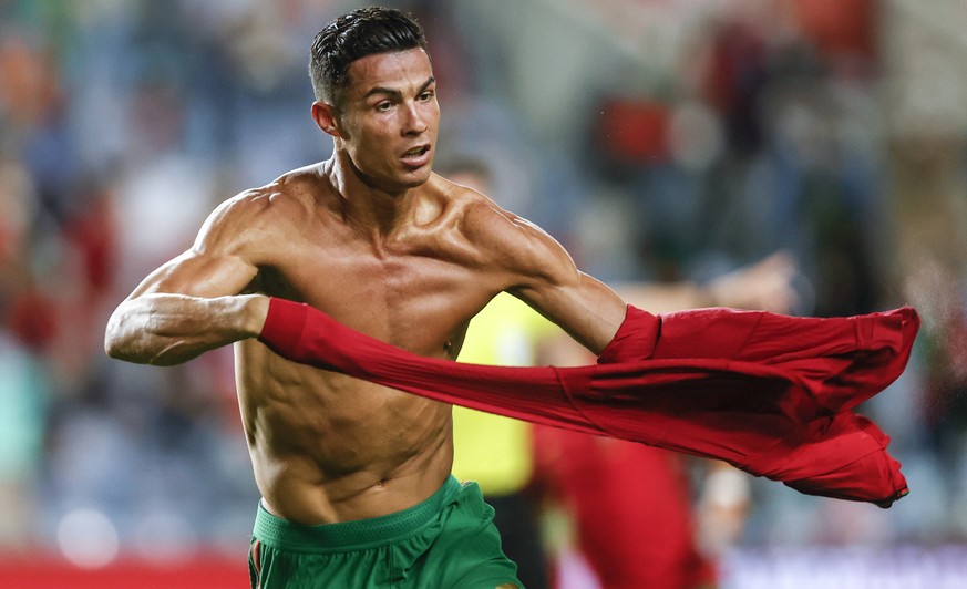 epa09441771 Cristiano Ronaldo of Portugal celebrates after scoring a goal during the FIFA World Cup Qatar 2022 group A qualification soccer match between Portugal and Ireland held at Algarve stadium i ...