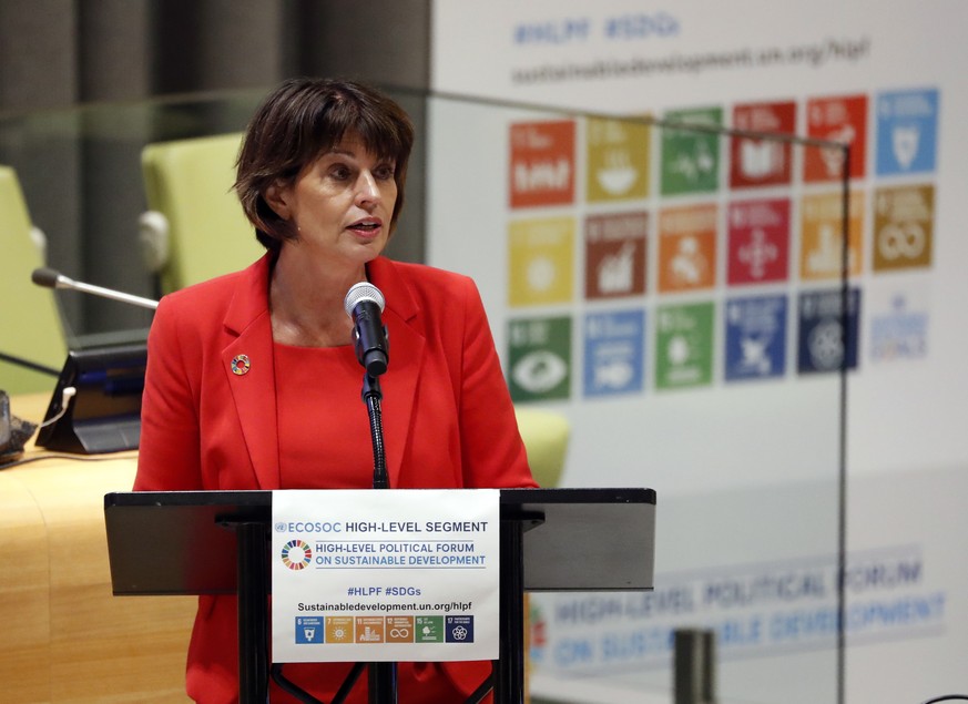 epa06895219 Switzerland&#039;s Federal Councillor Doris Leuthard, addresses a ministerial meeting of the 2018 High-level Political Forum on Sustainable Development at United Nations headquarters in Ne ...