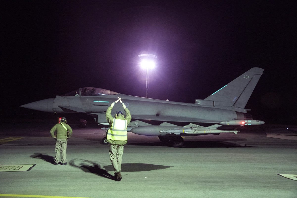 In this image provided the Ministry of Defence, an RAF Typhoon FRG4 aircraft to conduct further strikes against Houthi military targets in Yemen, from RAF Akrotiri, Cyprus, Saturday, Feb. 3, 2024. (Cp ...
