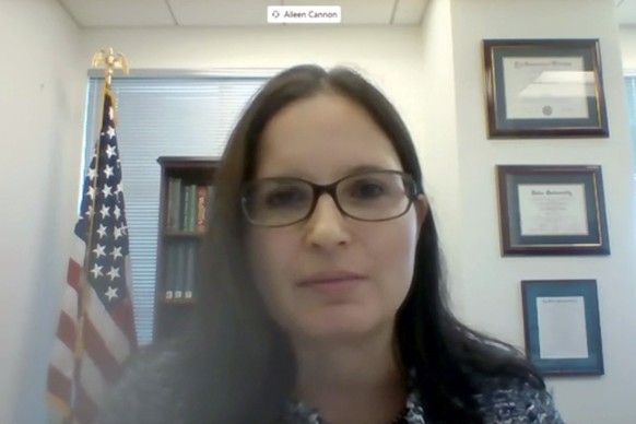 In this image from video provided by the U.S. Senate, Aileen M. Cannon speaks remotely during a Senate Judiciary Committee oversight nomination hearing to be U.S. District Court for the Southern Distr ...
