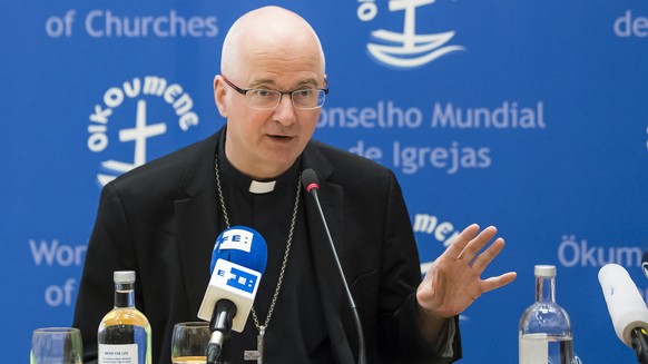 epa06738157 Charles Morerod, Bishop of Lausanne, Geneva and Fribourg of the Roman Catholic Church, speaks during a press conference to announce the programme of Pope Francis' ecumenical pilgrimag ...