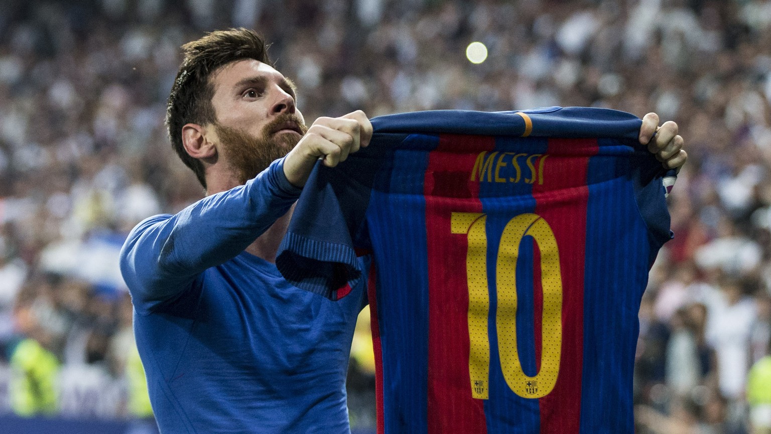 Leo Messi of FC Barcelona celebrates after scoring a goal during the match of La Liga between Real Madrid and Futbol Club Barcelona at Santiago Bernabeu Stadium in Madrid, Spain. April 23, 2017. (ALTE ...