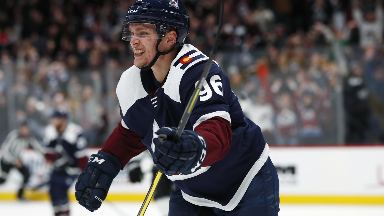 Colorado Avalanche right wing Mikko Rantanen celebrates after scoring the winning goal against the Dallas Stars in the third period of an NHL hockey game Saturday, Nov. 24, 2018, in Denver. The Avalan ...