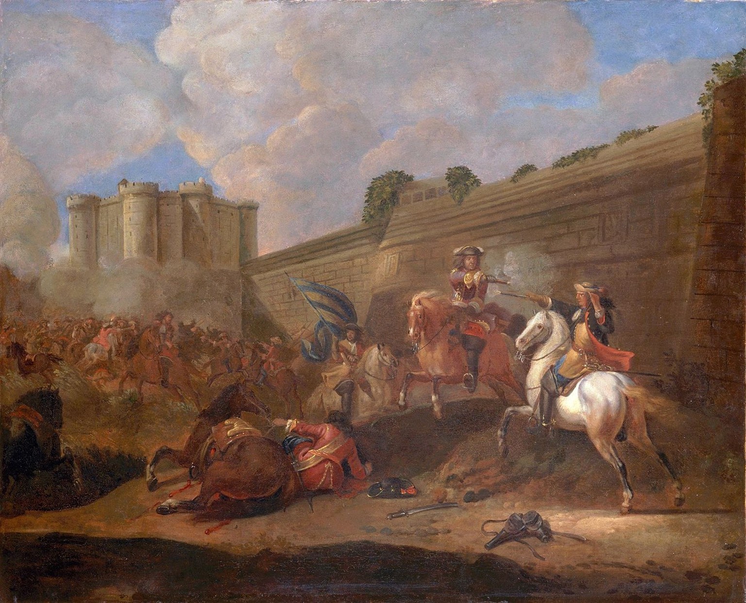 Kampfhandlungen entlang der Mauern der Bastille während der «Fronde». Gemälde eines anonymen Künstlers, Schloss Versailles.
https://fr.wikipedia.org/wiki/Fronde_(histoire)#/media/Fichier:Combat_de_deu ...