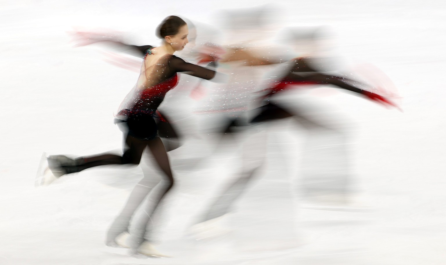 epa09734362 Kamila Valieva of Russia performs during the Women Single Skating - Free Skating of the Figure Skating Team Event at the Beijing 2022 Olympic Games, Beijing, China, 07 February 2022. EPA/H ...