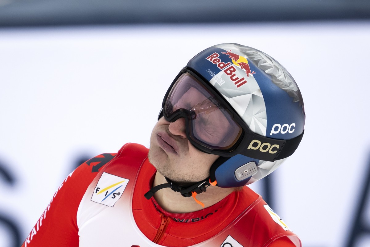 Marco Odermatt of Switzerland reacts in the finish area during the second run of the mens Giant Slalom race of the FIS Alpine Ski World Cup season opener on the Rettenbach glacier, in Soelden, Austri ...