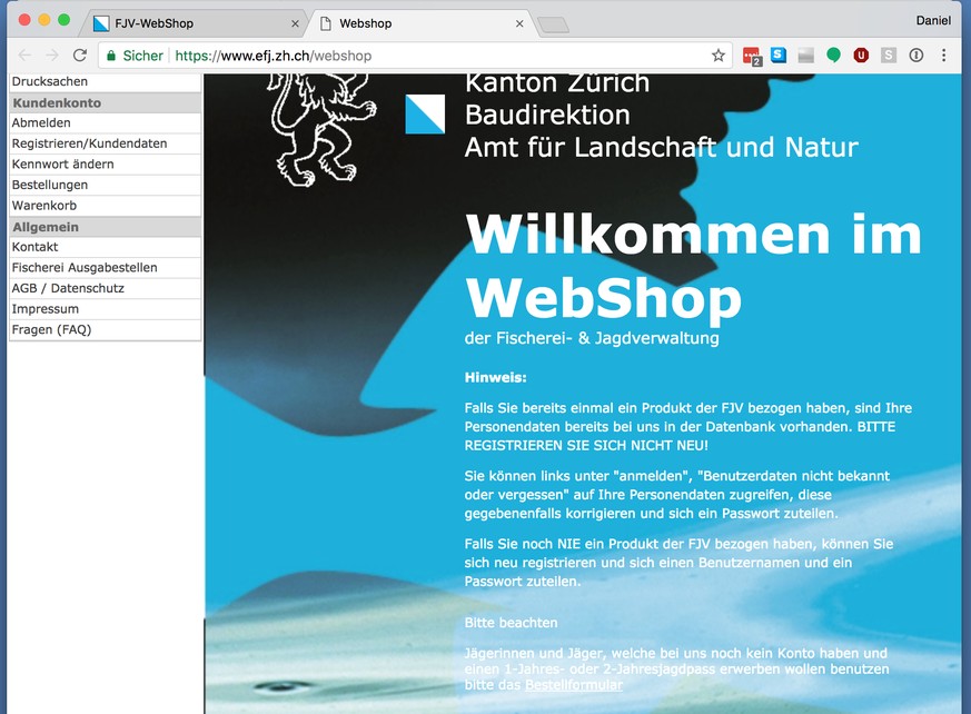 Webshop Fischerei- und Jagdverwaltung Kanton Zürich (FJV).
Screenshot: https://www.efj.zh.ch/webshop (2. Mai 2018)