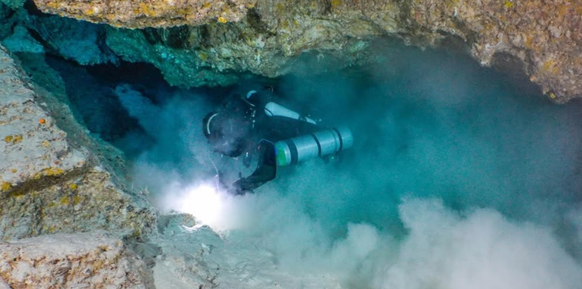Aufgewirbelte Sedimente sorgen in der Höhle für nahezu vollständige Dunkelheit.