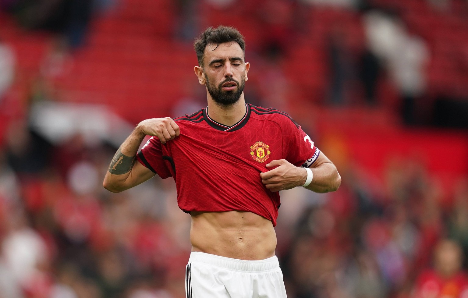 Manchester United, ManU v Brighton and Hove Albion - Premier League - Old Trafford Manchester United s Bruno Fernandes appears dejected after the Premier League match at Old Trafford, Manchester. Pict ...
