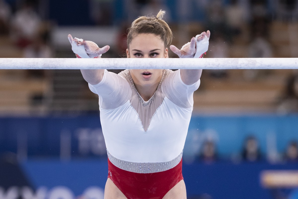 Giulia Steingruber of Switzerland performs at the uneven bars during the Artistic Gymnastics women's All-Around Final at the 2020 Tokyo Summer Olympics in Tokyo, Japan, on Thursday, July 29, 2021 ...