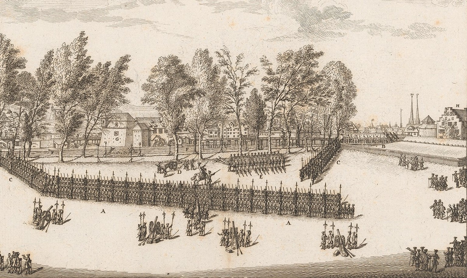 Militärische Übung auf dem Platzspitz in Zürich, 1758.
https://www.e-rara.ch/zuz/doi/10.3931/e-rara-65146