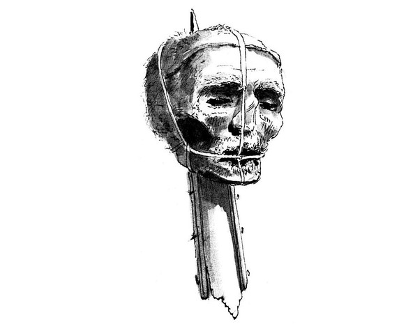 Eine Zeichnung von Oliver Cromwells Kopf auf einer Spitze aus dem späten 18. Jahrhundert