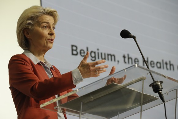 epa09546337 President of the European Commission Ursula von der Leyen takes part at a conference to launch the Belgian Biopharma Strategy and a Belgium Health and biotech valley in Brussels, Belgium,  ...