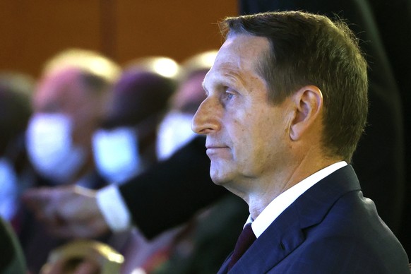 In this handout photo released by Russian Foreign Ministry Press Service, Sergei Naryshkin, head of the Russian Foreign Intelligence Service attends the IX Moscow conference on international security  ...